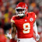 Kansas City Chiefs wide receiver JuJu Smith-Schuster celebrates a first down catch and run against the Buffalo Bills during the first half of the NFL AFC Championship football game, Sunday, Jan. 26, 2025 in Kansas City, Mo. The Chiefs defeated the Bills by a score of 32-29.
