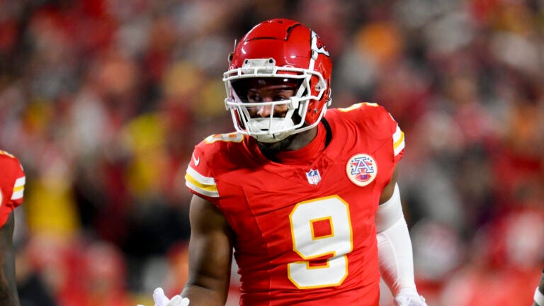 Kansas City Chiefs wide receiver JuJu Smith-Schuster celebrates a first down catch and run against the Buffalo Bills during the first half of the NFL AFC Championship football game, Sunday, Jan. 26, 2025 in Kansas City, Mo. The Chiefs defeated the Bills by a score of 32-29.