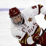 Boston College forward Ryan Leonard (9) takes a shot before the start of an NCAA hockey game against Michigan Tech on Friday, March 29, 2024, in Providence, R.I.