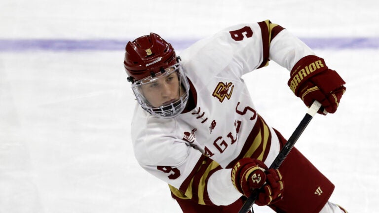Boston College forward Ryan Leonard (9) takes a shot before the start of an NCAA hockey game against Michigan Tech on Friday, March 29, 2024, in Providence, R.I.