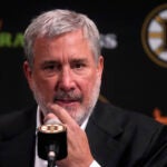 Boston Bruins president Cam Neely answers a reporter's question during a media availability, Monday, Sept. 30, 2024, in Boston.
