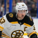 Boston Bruins left wing Brad Marchand (63) =aatb= during the third period of an NHL hockey game Thursday, Jan. 9, 2025, in Tampa, Fla.