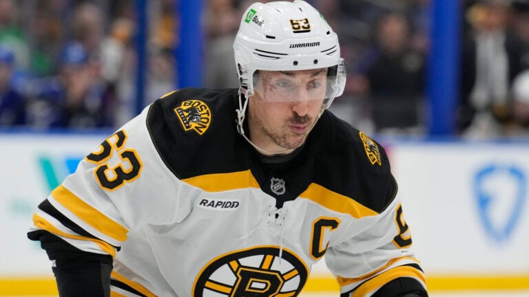Boston Bruins left wing Brad Marchand (63) =aatb= during the third period of an NHL hockey game Thursday, Jan. 9, 2025, in Tampa, Fla.