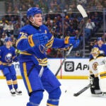 Buffalo Sabres center Tage Thompson celebrates his goal during the first period against the Bruins.