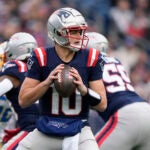 New England Patriots quarterback Drake Maye (10) looks to pass during the first half of an NFL football game against the Los Angeles Chargers, Saturday, Dec. 28, 2024, in Foxborough, Mass.