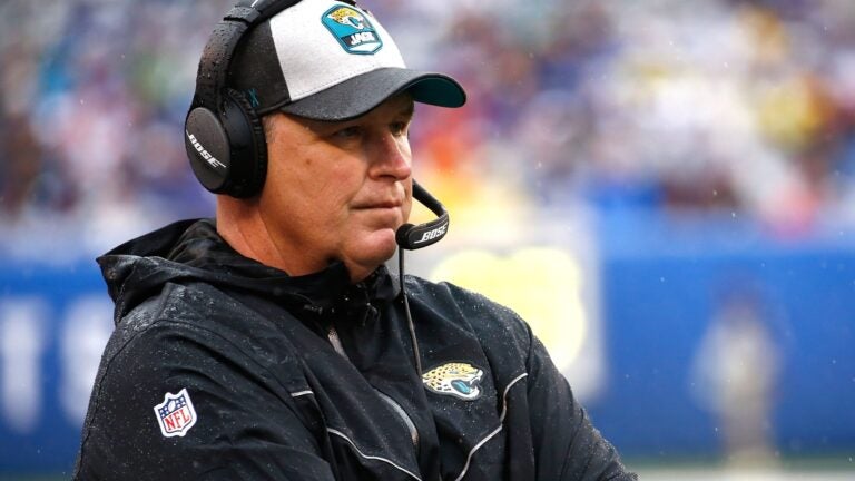 EAST RUTHERFORD, NJ - SEPTEMBER 09: Head coach Doug Marrone of the Jacksonville Jaguars looks on in the first half against the New York Giants at MetLife Stadium on September 9, 2018 in East Rutherford, New Jersey.