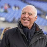Philadelphia Eagles owner Jeffrey Lurie looks on works out prior to an NFL football game against the Baltimore Ravens, Sunday, Dec. 1, 2024, in Baltimore.