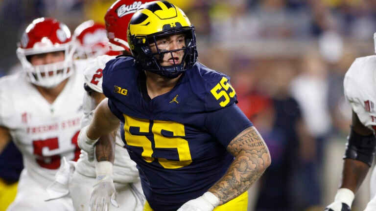 Michigan defensive lineman Mason Graham (55) plays during an NCAA football game on Saturday, Aug. 31, 2024, in Ann Arbor, Mich.