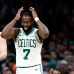 Boston Celtics guard Jaylen Brown (7) reacts after turning the ball over late in the second quarter at TD Garden.