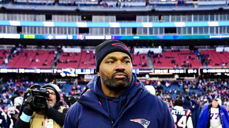 FOXBOROUGH, MASSACHUSETTS - JANUARY 05: Head coach Jerod Mayo of the New England Patriots looks on after defeating the Buffalo Bills 23-16 at Gillette Stadium on January 05, 2025 in Foxborough, Massachusetts.