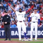 TORONTO, ON - SEPTEMBER 03: Vladimir Guerrero Jr. #27 of the Toronto Blue Jays celebrates after hitting a single in the first inning during a game against the Philadelphia Phillies at Rogers Centre on September 03, 2024 in Toronto, Ontario, Canada.