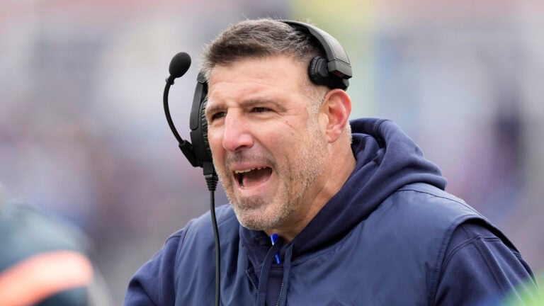 Tennessee Titans head coach Mike Vrabel argues a call during the first half of an NFL football game against the Jacksonville Jaguars Sunday, Jan. 7, 2024, in Nashville, Tenn.