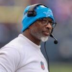 CHICAGO, ILLINOIS - DECEMBER 22: Defensive coordinator Aaron Glenn of the Detroit Lions looks on during the second half against the Chicago Bears at Soldier Field on December 22, 2024 in Chicago, Illinois.