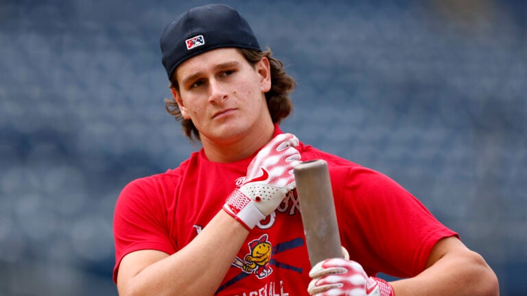 Red Sox prospect Roman Anthony participates in batting practice before his first game with the Worcester Red Sox at Polar Park.