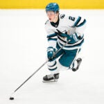 San Jose Sharks center Will Smith (2) in action during the third period of an NHL hockey game against the Washington Capitals, Tuesday, Dec. 3, 2024, in Washington. The Sharks won 2-1 in overtime.