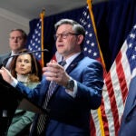 House Speaker Mike Johnson, R-La., center, joined from left by Rep. Jeff Hurd, R-Colo., Republican Conference Chair Lisa McClain, R-Mich., and House Majority Leader Steve Scalise, R-La., during a news conference at the Republican National Committee headquarters in Washington, Wednesday, Jan. 22, 2025.