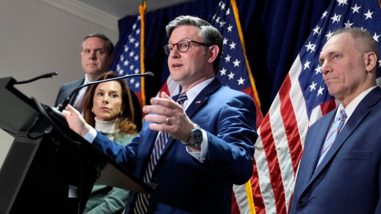 House Speaker Mike Johnson, R-La., center, joined from left by Rep. Jeff Hurd, R-Colo., Republican Conference Chair Lisa McClain, R-Mich., and House Majority Leader Steve Scalise, R-La., during a news conference at the Republican National Committee headquarters in Washington, Wednesday, Jan. 22, 2025.