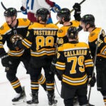 Boston Bruins center Morgan Geekie (39) and teammates celebrate his second goal scored during the third period.