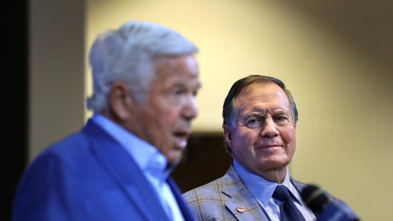 New England Patriots former coach Bill Belichick looks on as owner Robert Kraft addressed the media at Gillette Stadium about Belichick’s departure.