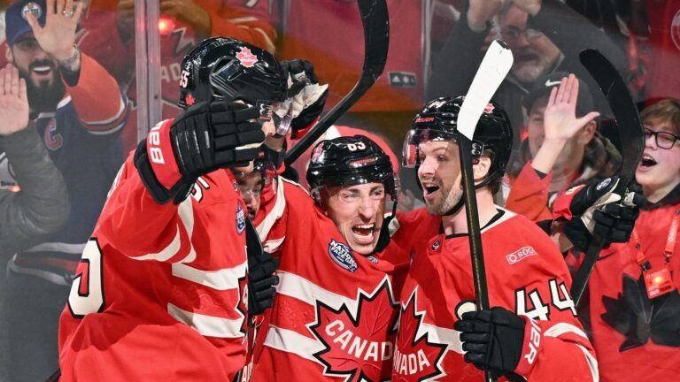 MONTREAL, QUEBEC - FEBRUARY 12: (l-r) Colton Parayko #55, Seth Jarvis #24, Brad Marchand #63 and Josh Morrissey #44 of Team Canada celebrate Marchand's first period goal against Team Sweden in the NHL 4 Nations Face-Off at Bell Centre on February 12, 2025 in Montreal, Quebec.