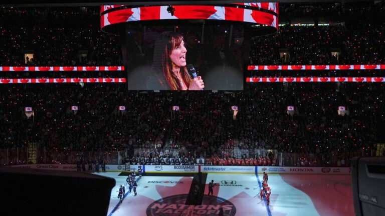 Singer Chantal Kreviazuk performs "O Canada" prior to the 4 Nations Face-Off championship hockey game, Thursday, Feb. 20, 2025, in Boston.