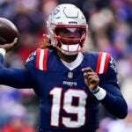 FOXBOROUGH, MASSACHUSETTS - JANUARY 05: Joe Milton III #19 of the New England Patriots throws a pass against the Buffalo Bills during the first quarter at Gillette Stadium on January 05, 2025 in Foxborough, Massachusetts.