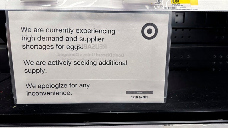 A sign is mounted on a shelf of eggs at a grocery store.