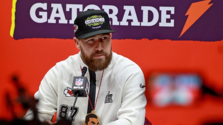 NEW ORLEANS, LOUISIANA - FEBRUARY 3: Kansas City Chiefs tight end Travis Kelce answers questions inside the Caesars Superdome during the Super Bowl Opening Night on February 3, 2025 in New Orleans, Louisiana. The Philadelphia Eagles and Kansas City Chiefs were made available for interviews during an energetic, New Orleans-themed event ahead of next Sunday's Super Bowl LIX.