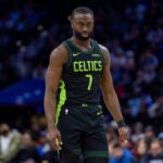 Boston Celtics' Jaylen Brown looks on during the NBA basketball game against the Philadelphia 76ers, Sunday, Feb. 2, 2025, in Philadelphia. Celtics won 118-110.