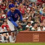 Chicago Cubs' Trayce Thompson watches his grand slam during the fifth inning of a baseball game against the St. Louis Cardinals Saturday, Oct. 2, 2021, in St. Louis.