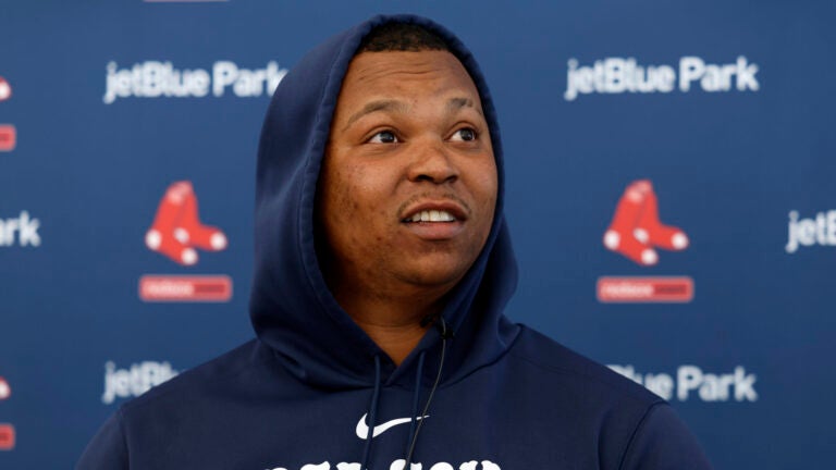 Boston Red Sox third baseman Rafael Devers speaks to reporters during spring training at JetBlue Park.