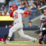 TORONTO, CANADA - September 13: Nolan Arenado #28 of the St. Louis Cardinals hits a single against the Toronto Blue Jays during the first inning at Rogers Centre on September 13, 2024 in Toronto, Canada.