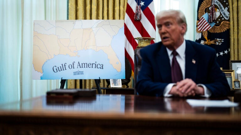 A Gulf of America map is seen as President Donald Trump speaks.