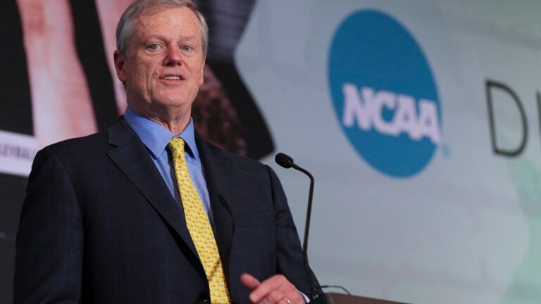 NCAA President Charlie Baker speaks during the organizations Division I Business Session at their annual convention Wednesday, Jan. 15, 2025, in Nashville, Tenn.