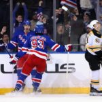 Chris Kreider of the New York Rangers celebrates his game-winning short-handed goal against the Boston Bruins.