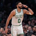 Celtics forward Jayson Tatum blows a kiss after hitting a 3-pointer against the San Antonio Spurs during the first half.