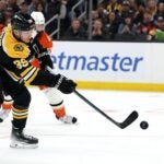 BOSTON, MASSACHUSETTS - FEBRUARY 22: Morgan Geekie #39 of the Boston Bruins takes a shot against the Anaheim Ducks during the first period at TD Garden on February 22, 2025 in Boston, Massachusetts.