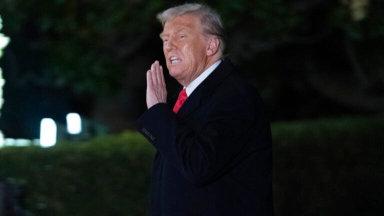 President Donald Trump arrives on the South Lawn of the White House, in Washington, Monday, Feb. 10, 2025.