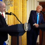 President Donald Trump and Israel's Prime Minister Benjamin Netanyahu speak during a news conference in the East Room of the White House, Tuesday, Feb. 4, 2025, in Washington.