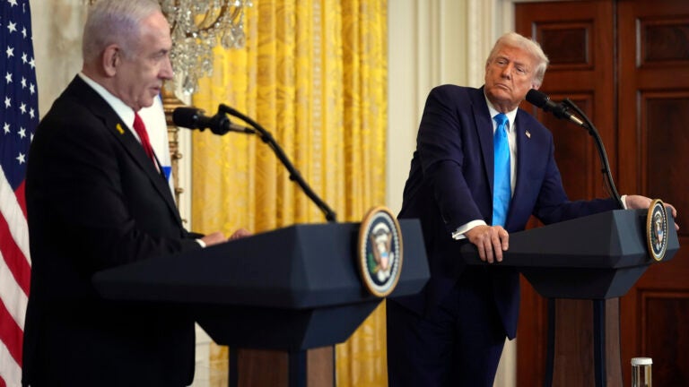 President Donald Trump and Israel's Prime Minister Benjamin Netanyahu speak during a news conference in the East Room of the White House, Tuesday, Feb. 4, 2025, in Washington.