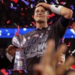 New England Patriots quarterback Tom Brady (12) and his son celebrate with the Lombardi trophy. The Atlanta Falcons play the New England Patriots in Super Bowl LI at NRG Stadium in Houston on Feb. 5, 2017. -