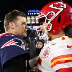 New England Patriots Tom Brady shaking hands with Kansas City Chiefs Patrick Mahomes after the Chief defeated the Patriots 23-16 at Gillette Stadium.