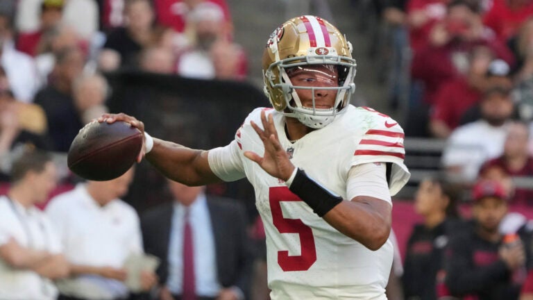 San Francisco 49ers quarterback Joshua Dobbs (5) looks to pass against the Arizona Cardinals during the first half of an NFL football game, Sunday, Jan. 5, 2025, in Glendale, Ariz.