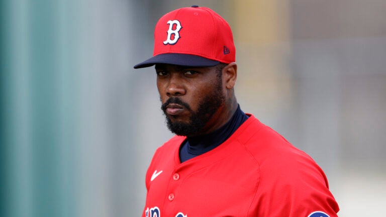 Boston Red Sox pitcher Aroldis Chapman reports for the first day of spring training at JetBlue Park.