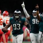 Philadelphia Eagles defensive tackle Milton Williams (93) celebrates his fumble recovery against the Kansas City Chiefs during the second half of the NFL Super Bowl 59 football game, Sunday, Feb. 9, 2025, in New Orleans.