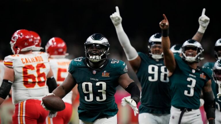 Philadelphia Eagles defensive tackle Milton Williams (93) celebrates his fumble recovery against the Kansas City Chiefs during the second half of the NFL Super Bowl 59 football game, Sunday, Feb. 9, 2025, in New Orleans.