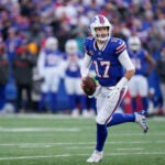 Buffalo Bills quarterback Josh Allen looks to throw during an NFL football game against the Denver Broncos, Sunday, Jan. 12, 2025, in East Rutherford, N.J.