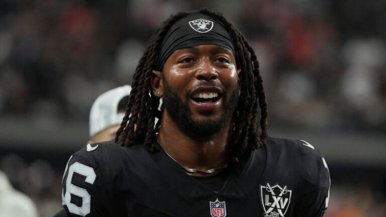 Las Vegas Raiders wide receiver Jakobi Meyers (16) during the first half of an NFL football game against the Denver Broncos, Sunday, Nov. 24, 2024, in Las Vegas.