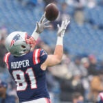 New England Patriots tight end Austin Hooper (81) prior to an NFL football game, Saturday, Dec. 28, 2024, in Foxborough,Mass.