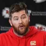 Kansas City Chiefs guard Joe Thuney addresses the media before the team's NFL football practice Thursday, Jan. 23, 2025, in Kansas City, Mo.